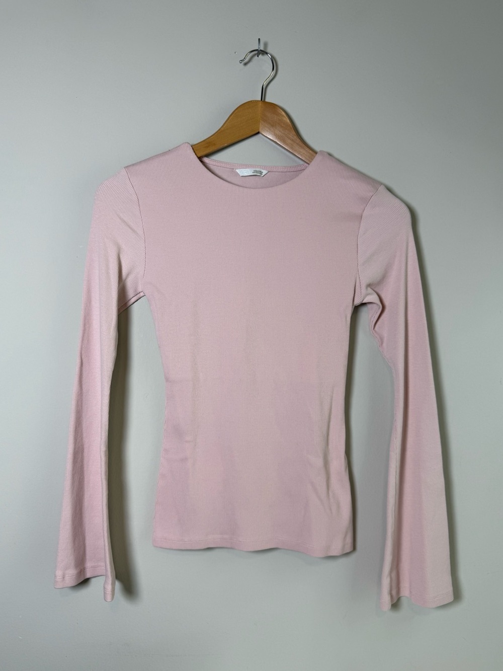 Zara | Ribbed Flare Sleeve Top Stretch Knit Blouse | Light Pink | Size M